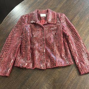 Erin London Burgundy Red long sleeve faux snakeskin print button up jacket